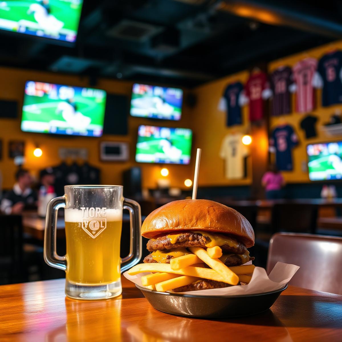 Jerseys On Deck Sports Bar interior with cold draft beer and burger